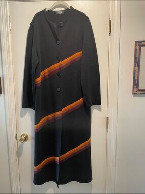 Magic Made in Italy Black Maxi Knit Retro Chevron Autumn Duster Cardigan Coat